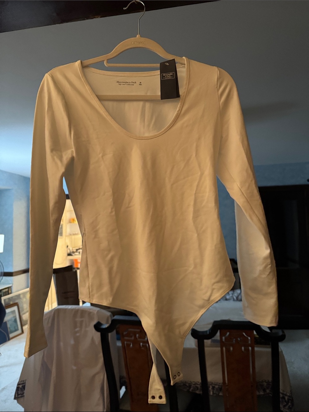 Abercrombie & Fitch Women's Cream Long-Sleeve Scoop Neck Bodysuit